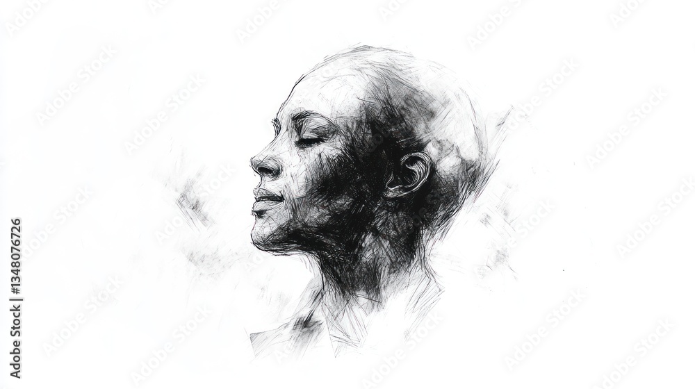 Fototapeta premium Serene Female Portrait: A Charcoal Sketch