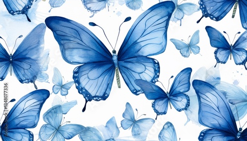 elegant watercolor blue butterfly seamless pattern on white background for artistic designs