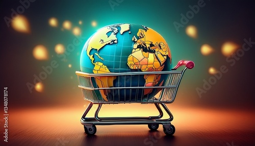 globe inside shopping cart symbolizing global ecommerce