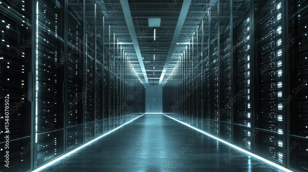 Fototapeta premium Vast Warehouse Center Filled with Data Storage Racks and Lights