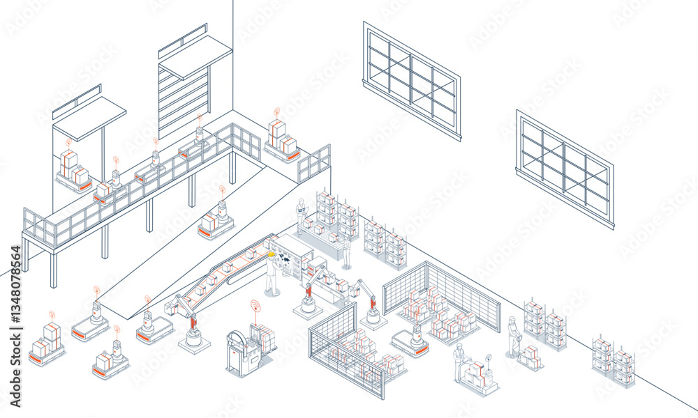 Naklejka premium Smart logistics combines warehouse management with wireless technology and automated robots AGVs and AMRs for efficient material handling.