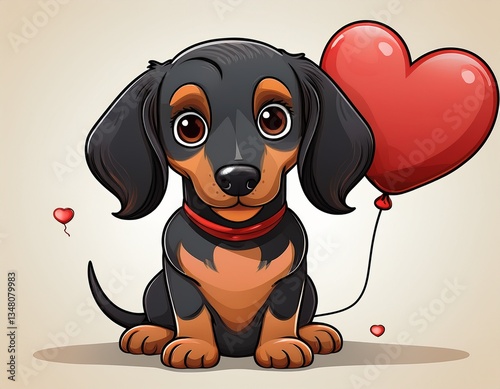 adorable cartoon dachshund holding a red heart balloon in a cute and playful pose