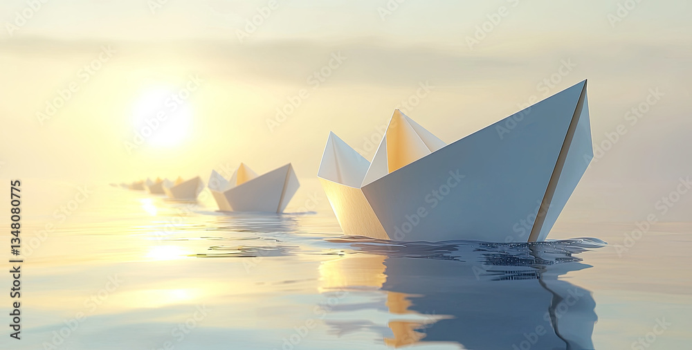 Obraz premium Paper boats float on calm water at sunrise
