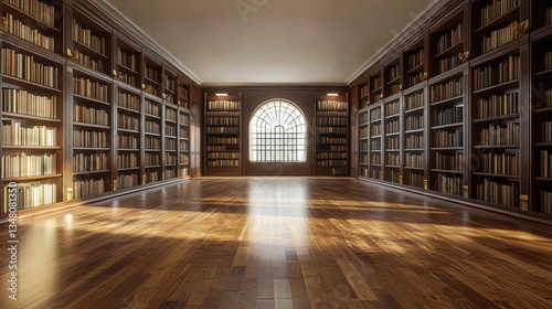 Classic Library Hall with Vast Polished Wooden Shelves and Window