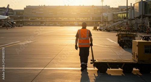 Airport worker in high visibility vest walking on tarmac at sunrise