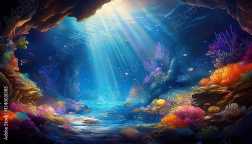 magical cave with enchanting light beams water coral and colorful shells