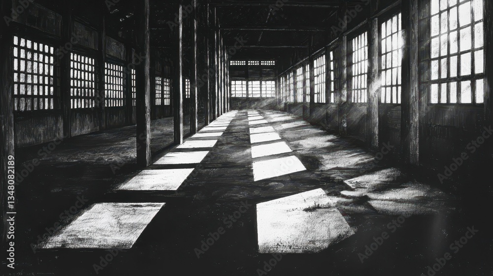Dark Abandoned Warehouse with Shadows and Empty Spaces Dark Abandoned Warehouse with Shadows and Empty Spaces