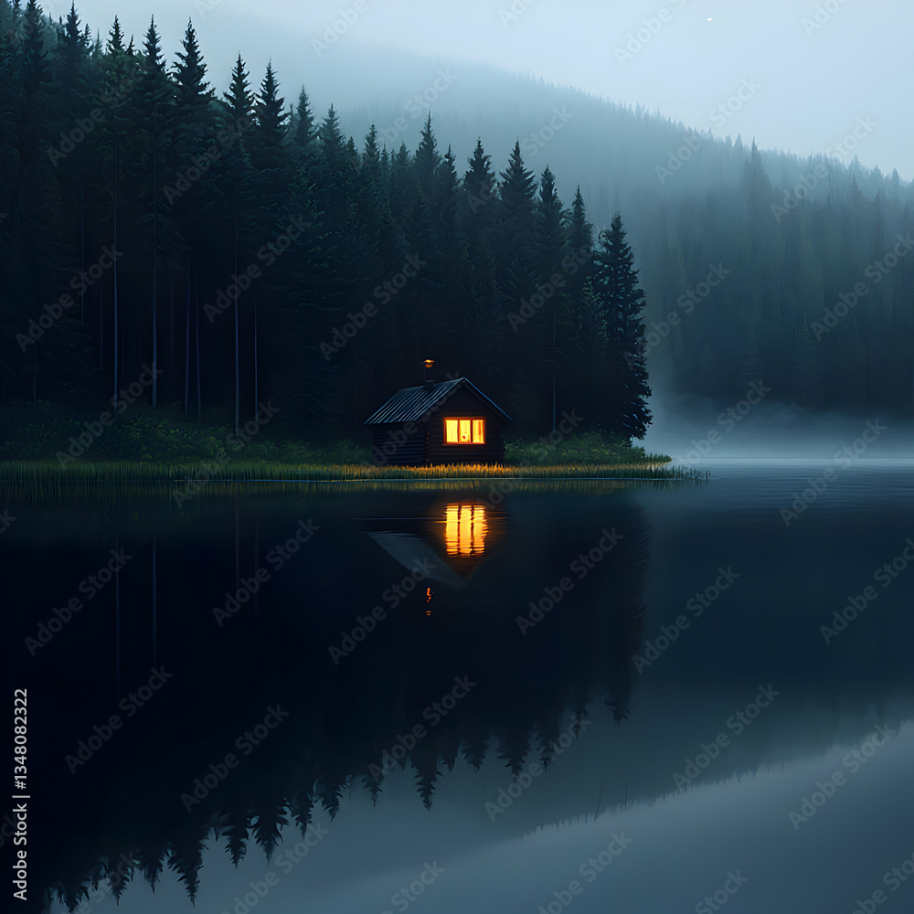 Obraz premium Lakeside Cabin Lit At Night Reflecting In Still Water Surrounded By Forest Under Misty Sky