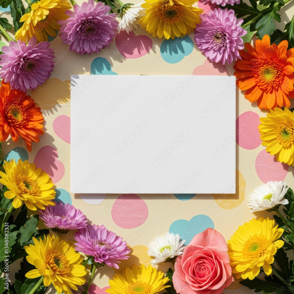 Obraz premium Blank card framed by vibrant floral arrangement on polka dot background