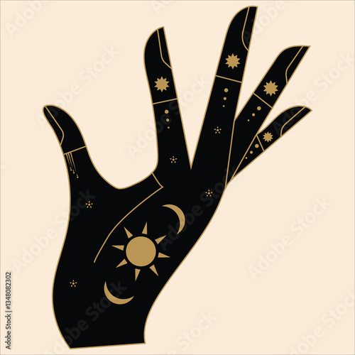 Mystical Celestial Hands with Stars, Moons, and Spiritual Symbols. Elegant mystic hands adorned with stars, moons, and cosmic symbols in black and gold silhouette.