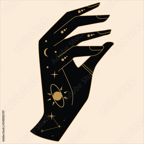 Mystical Celestial Hands with Stars, Moons, and Spiritual Symbols. Elegant mystic hands adorned with stars, moons, and cosmic symbols in black and gold silhouette.