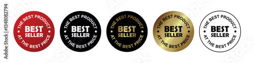 Best seller badge logo design. Best seller sticker label in gold, red, black, and white. Vector Illustration