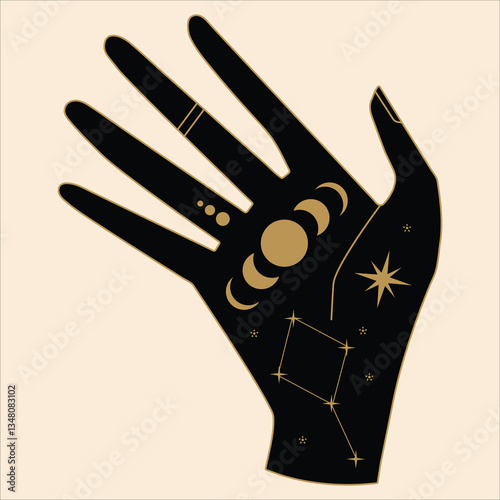 Mystical Celestial Hands with Stars, Moons, and Spiritual Symbols. Elegant mystic hands adorned with stars, moons, and cosmic symbols in black and gold silhouette.