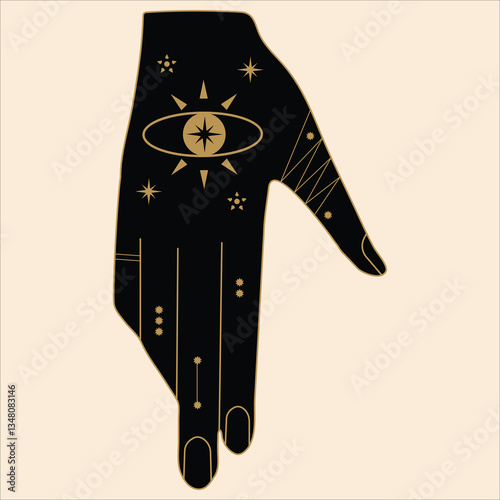 Mystical Celestial Hands with Stars, Moons, and Spiritual Symbols. Elegant mystic hands adorned with stars, moons, and cosmic symbols in black and gold silhouette.