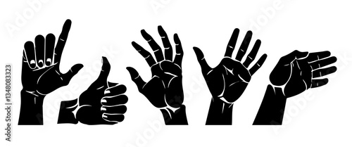 Vector set of silhouettes of human hands depicting various gestures,  like icon vector, hand thumbs up.