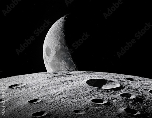 crescent moon over the cratered lunar surface a celestial dance in monochrome