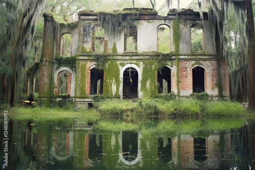 In this ethereal setting, captivating allure of an ancient, timeworn abode nestled amidst murky depths of a swamp, where crumbling facade, shimmering reflections upon tranquil waters, and palpable aur photo