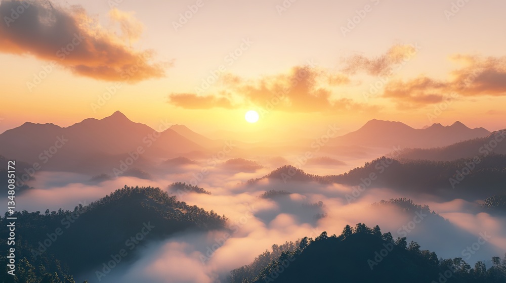 Obraz premium Breathtaking sunrise over misty mountains, creating a peaceful and serene atmosphere.