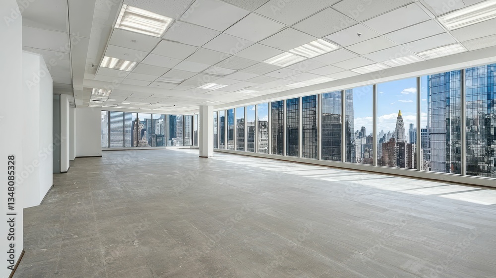 Fototapeta premium Spacious High-Rise Office Interior with Empty Floor and City View