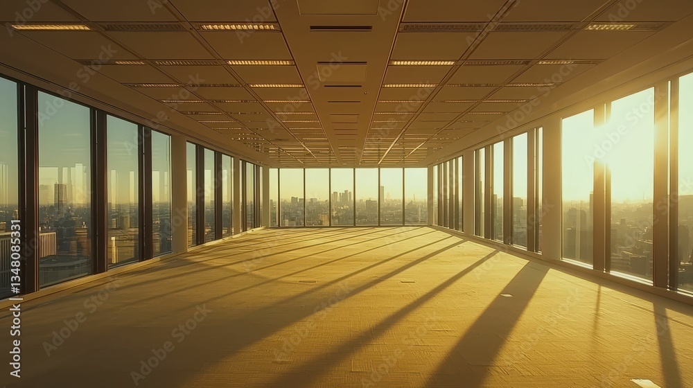 Bright and Spacious High-Rise Office Space with Empty Floor at Sunset Bright and Spacious High-Rise Office Space with Empty Floor at Sunset