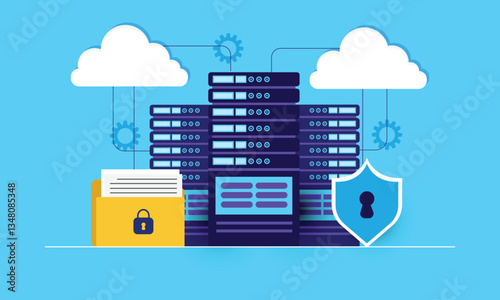 Data center concept, technology of data protection and processing, cloud connection hosting server