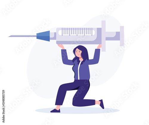 Woman Holding Large Syringe Above Head Medical Burden Concept Design
