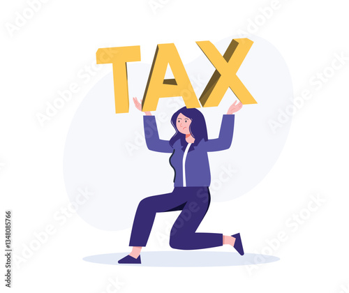Woman Carrying Heavy Tax Burden and Struggling Financially Concept Illustration