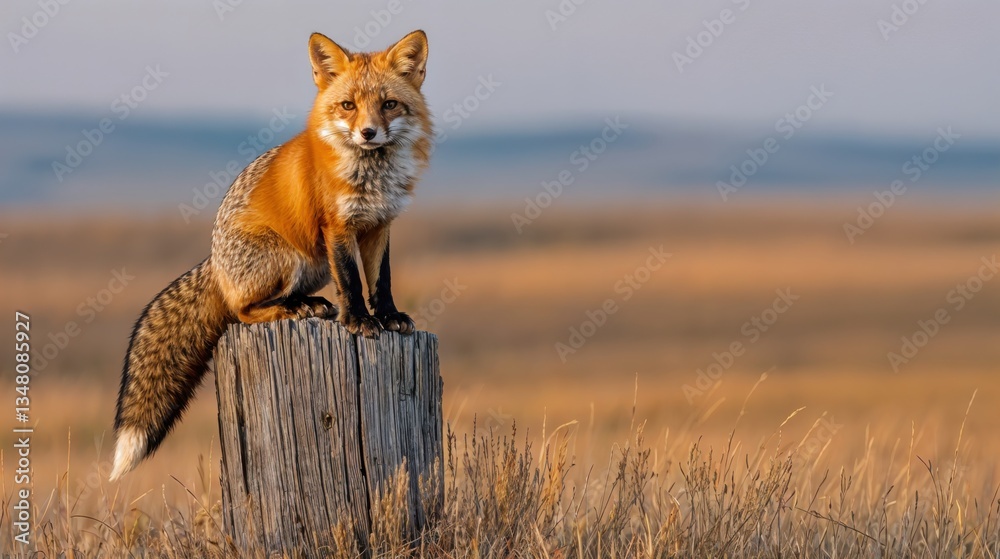 Fototapeta premium A striking fox with a vibrant orange coat stands proudly on a wooden stump, overlooking vast golden grasslands under a soft morning sky, capturing the essence of nature's beauty.