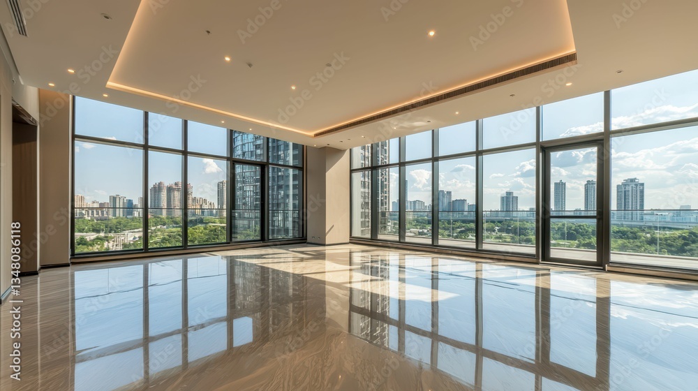Fototapeta premium Luxury penthouse interior with floor to ceiling windows and skyline view
