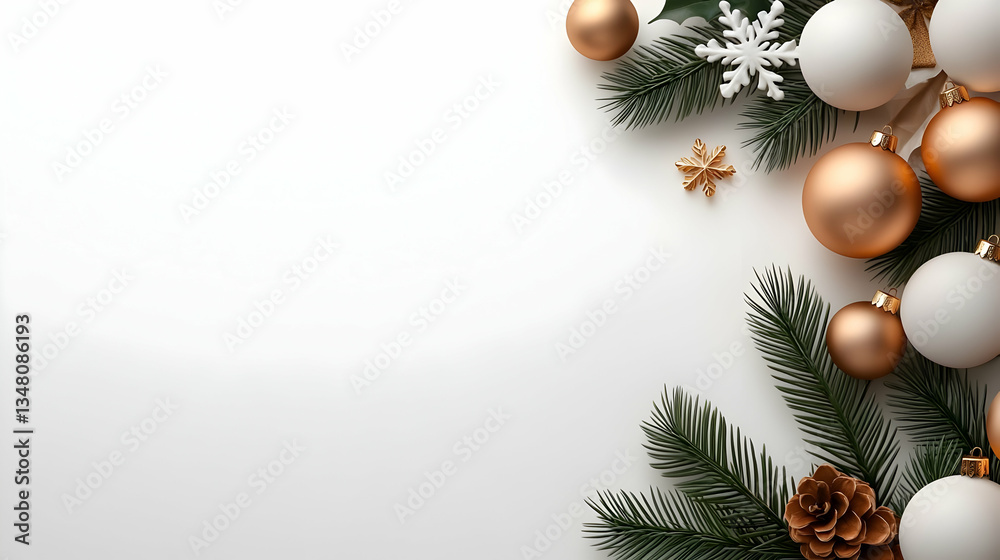 Fototapeta premium Christmas Decorations: Gold and White Ornaments with Pine Branches on White Background
