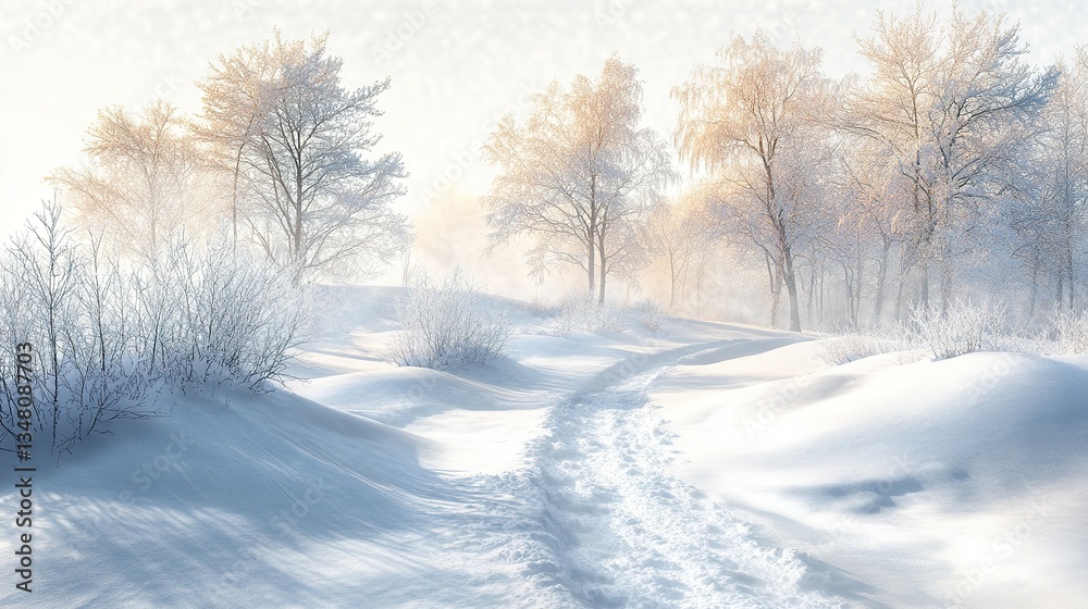 A snowy winter landscape features trees and a snow covered path A snowy winter landscape features trees and a snow covered path