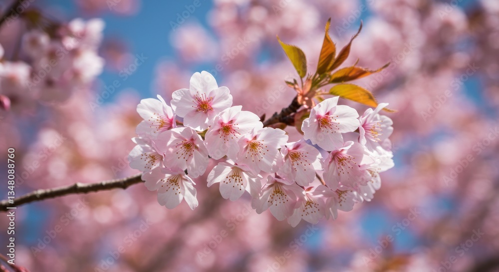 Blooming Cherry Blossoms on Branch with Pink Flowers and Blue Sky Blooming Cherry Blossoms on Branch with Pink Flowers and Blue Sky