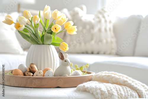 Living room in warm white tones with pale yellow tulips. Rabbit decorations And Easter eggs