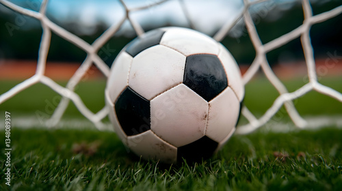 Close Up Of Wet Soccer Ball In Goal Net On Grassy Field