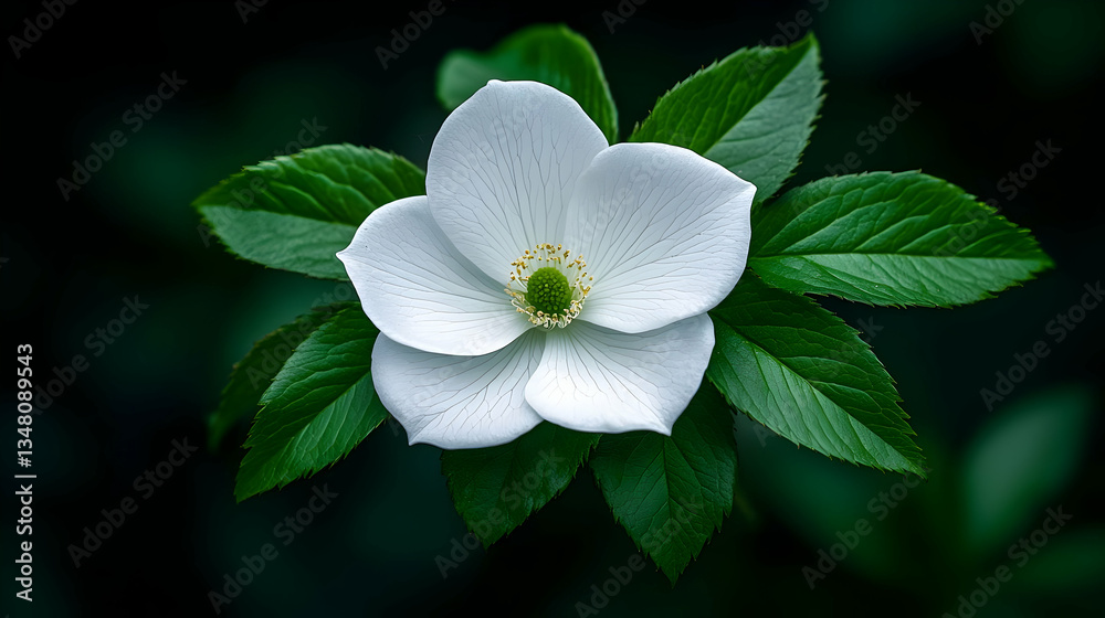 Close Up of White Dog Rose Flower with Green Leaves Against Dark Background Close Up of White Dog Rose Flower with Green Leaves Against Dark Background