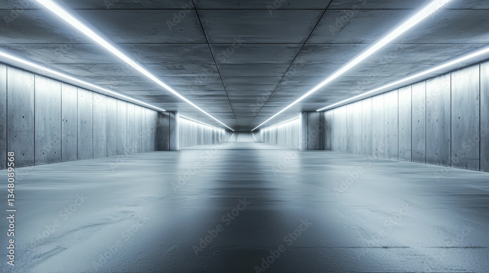 Obraz premium Abandoned Underground Tunnel with Smooth Concrete Floor and Lights