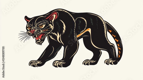 American Traditional Panther Tattoo Design: A fierce feline illustration in bold black and orange color scheme, perfect for tattoo inspiration. photo