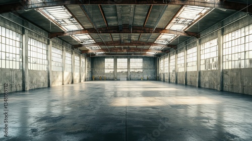 Vast Empty Warehouse Floor with High Ceilings and Natural Light