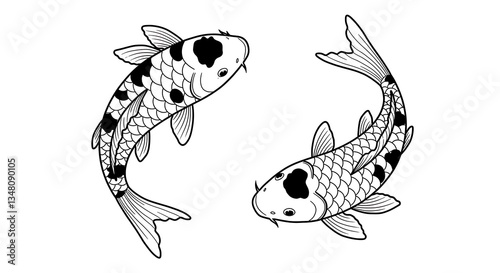 Koi Fish Asia Animal Drawing Outline with White Background 