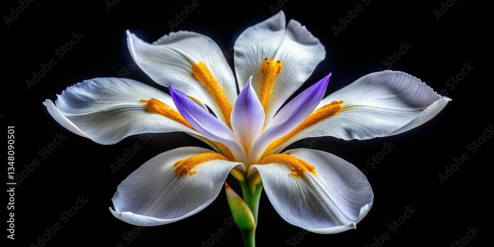 Fototapeta premium Macro photograph of a blooming Dietes bicolor, African iris, against a black background, showcasing long exposure effects.