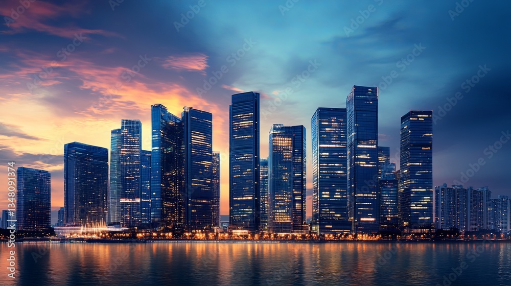 Modern city skyline at dusk with illuminated skyscrapers, urban lifestyle and business concept. Modern city skyline at dusk with illuminated skyscrapers, urban lifestyle and business concept.