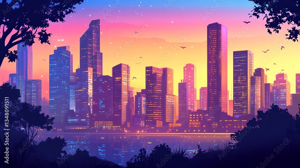 Obraz premium Modern city skyline at dusk with illuminated skyscrapers, urban lifestyle and business concept.