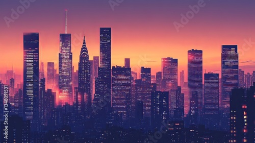 Modern city skyline at dusk with illuminated skyscrapers, urban lifestyle and business concept.
