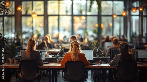 Open office coworking space with people working on computers collaborative workspace interior design concept