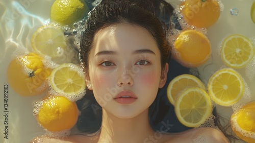 Attractive woman relaxes in water with oranges and lemons