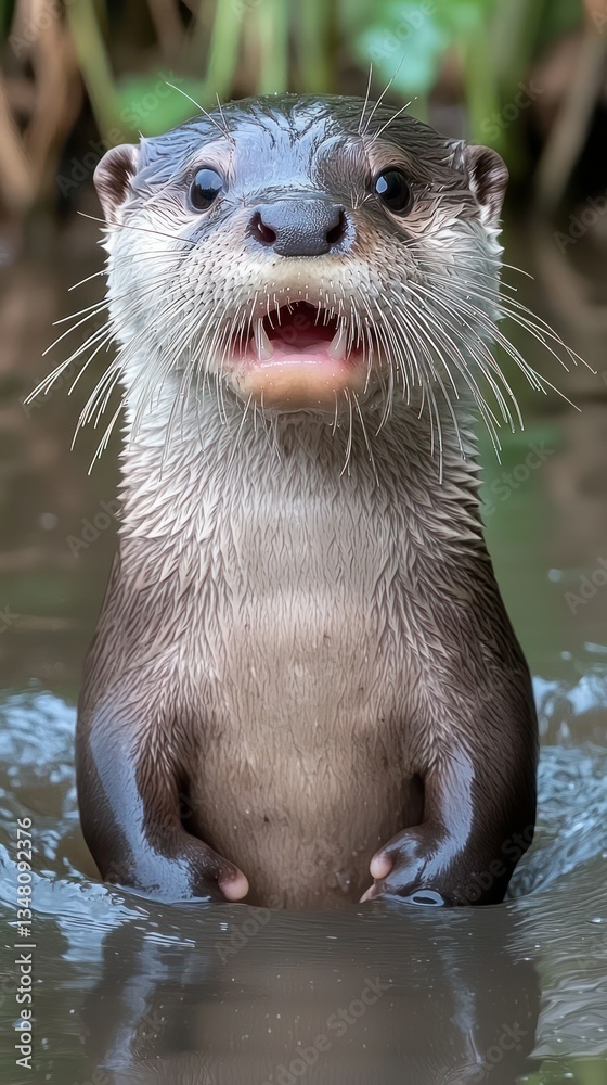 Obraz premium Cute otter in water with whiskers and wet fur looking forward