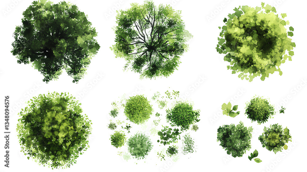 Fototapeta premium green grass isolated on white background, Set of watercolor tree top view for landscape plan and architecture layout 