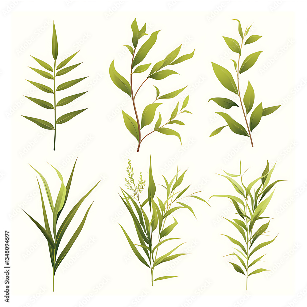 .Illustration of trees, leaves, grass and various botanical elements on a white background. .Illustration of trees, leaves, grass and various botanical elements on a white background.