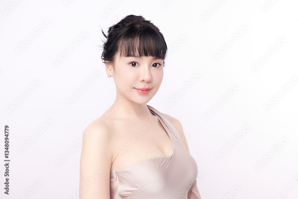 A beautiful young Asian woman with clean, fresh skin against a white background. Skincare, facial treatment, cosmetology, beauty, and spa. An elegant portrait of an Asian woman. A beautiful young Asian woman with clean, fresh skin against a white background. Skincare, facial treatment, cosmetology, beauty, and spa. An elegant portrait of an Asian woman.