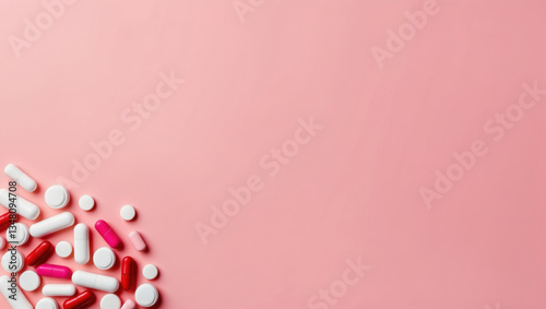Flat lay of white, red, and pink pills clustered on pink background. Large empty copy space creates contrast. Perfect for medical or pharmaceutical visuals.